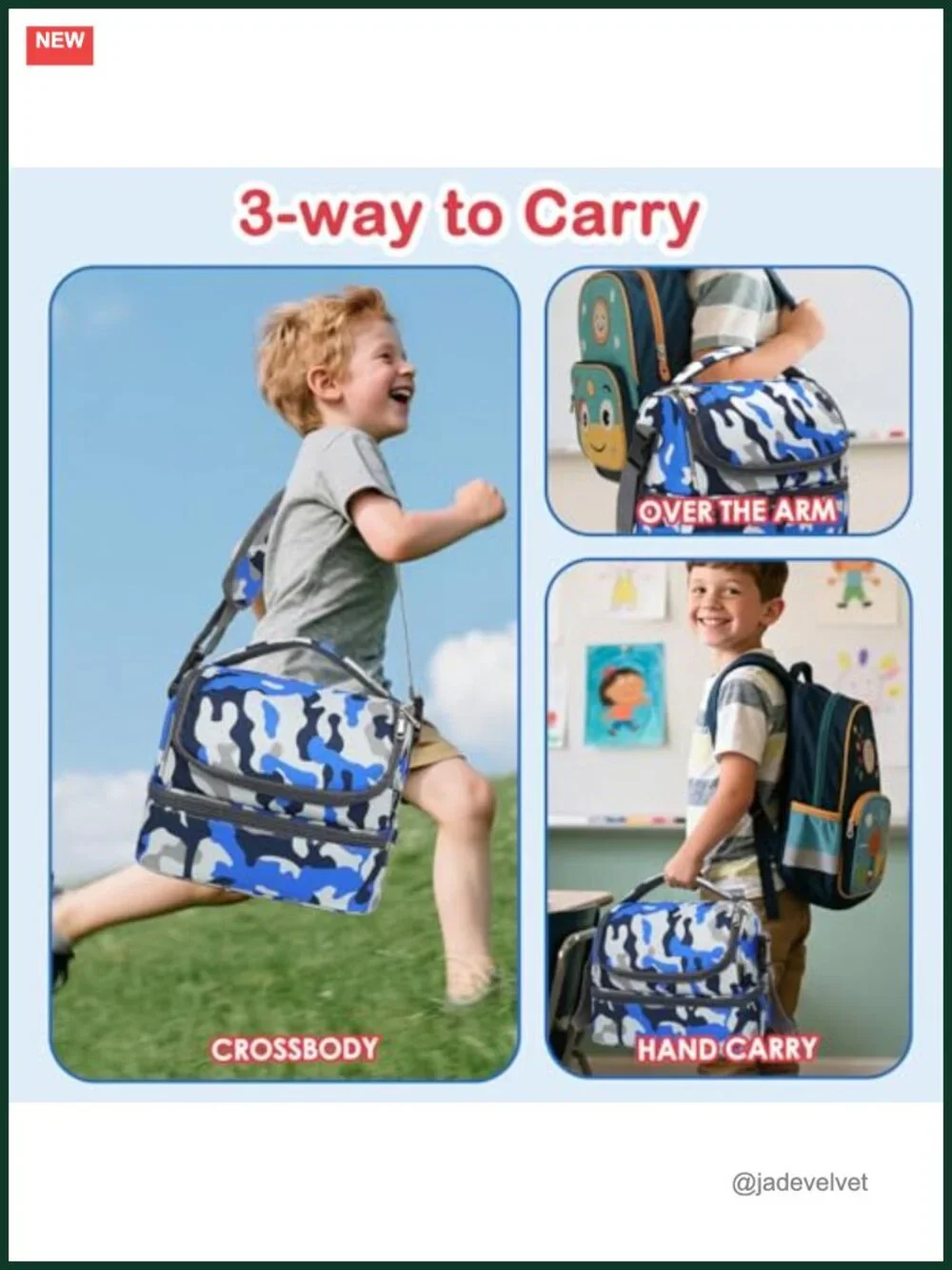 Double Decker Insulated Lunch Bag Tote with Adjustable Strap, Polyester